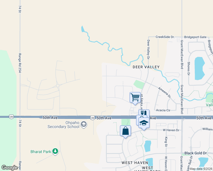 map of restaurants, bars, coffee shops, grocery stores, and more near 152 Awentia Street in Leduc