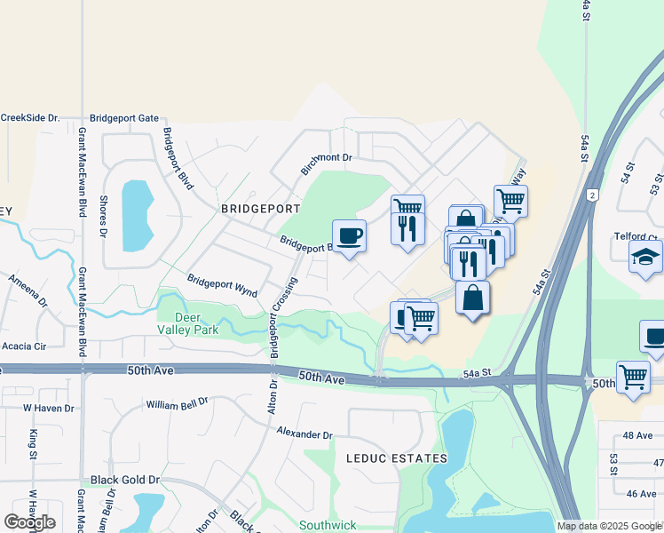 map of restaurants, bars, coffee shops, grocery stores, and more near 178 Bridgeport Boulevard in Leduc