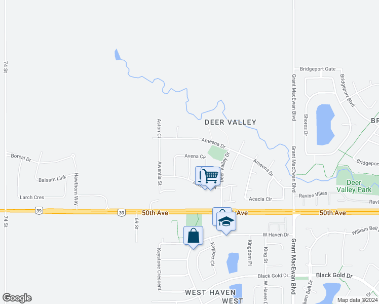 map of restaurants, bars, coffee shops, grocery stores, and more near 254 Avena Circle in Leduc