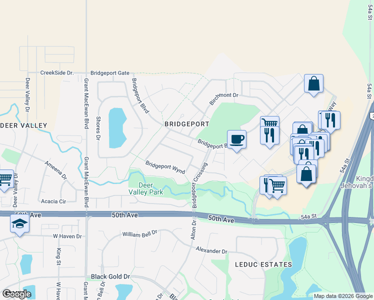 map of restaurants, bars, coffee shops, grocery stores, and more near 61 Bridgeport Wynd in Leduc