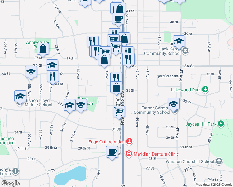 map of restaurants, bars, coffee shops, grocery stores, and more near 3305 51 Avenue in Lloydminster