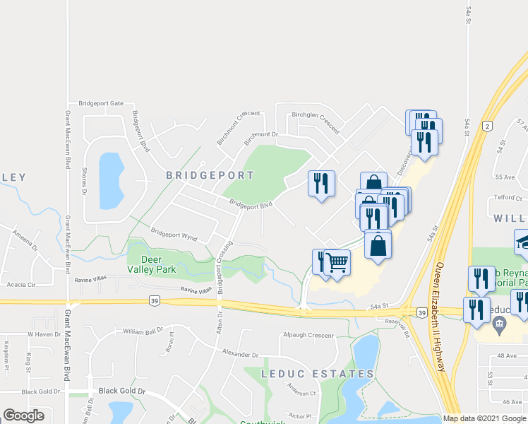 map of restaurants, bars, coffee shops, grocery stores, and more near 178 Bridgeport Boulevard in Leduc