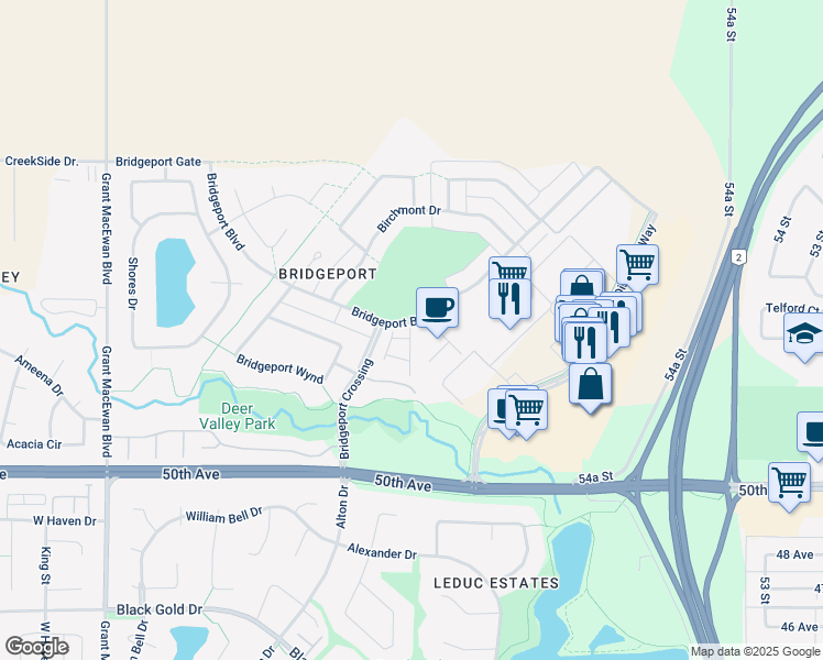 map of restaurants, bars, coffee shops, grocery stores, and more near 178 Bridgeport Boulevard in Leduc