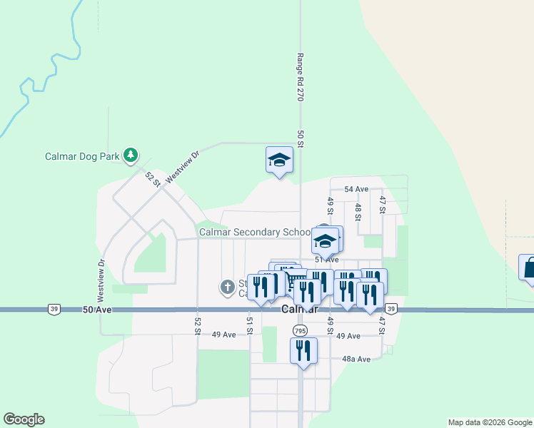 map of restaurants, bars, coffee shops, grocery stores, and more near 5108 52 Avenue in Calmar