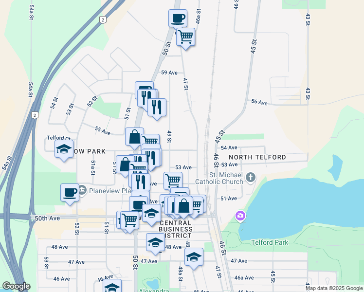 map of restaurants, bars, coffee shops, grocery stores, and more near 4709 54 Avenue in Leduc
