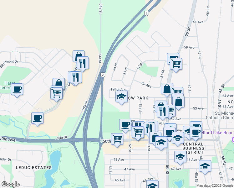 map of restaurants, bars, coffee shops, grocery stores, and more near 308 Telford Court in Leduc