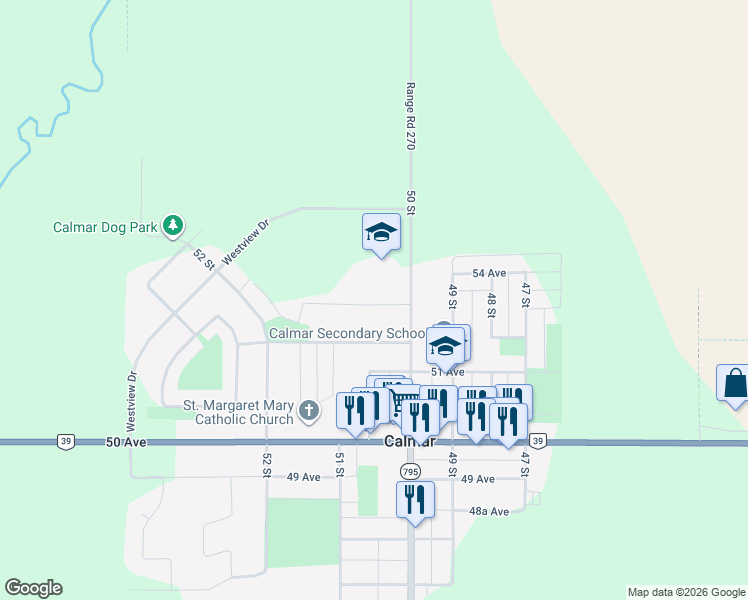 map of restaurants, bars, coffee shops, grocery stores, and more near 5010 52 Avenue in Calmar