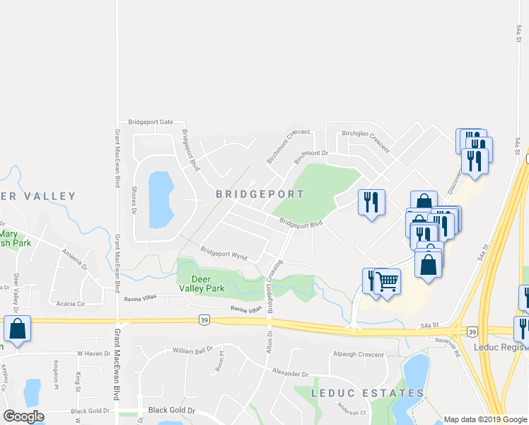 map of restaurants, bars, coffee shops, grocery stores, and more near 81 Bridgeport Boulevard in Leduc