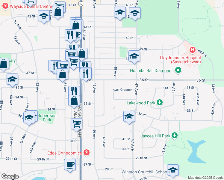 map of restaurants, bars, coffee shops, grocery stores, and more near 4730 Barr Crescent in Lloydminster