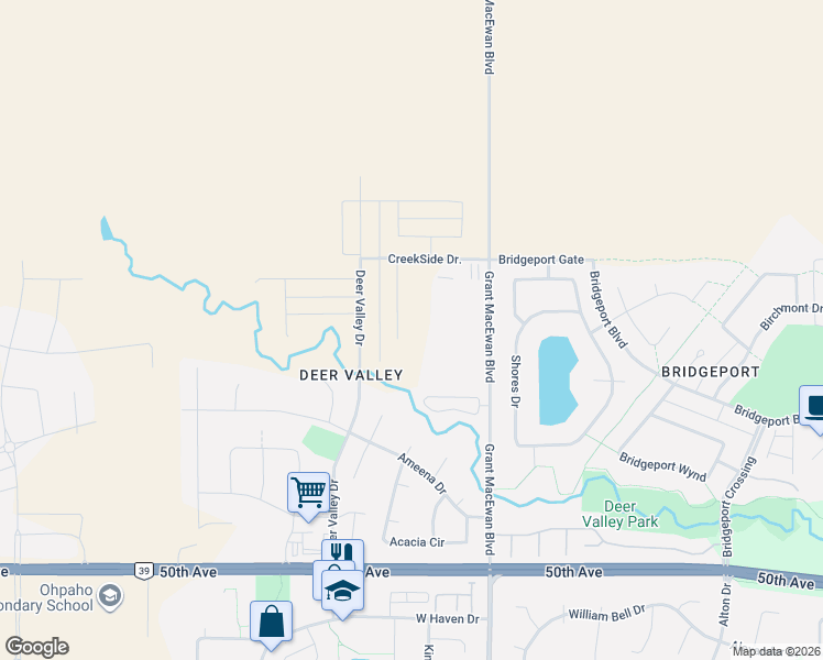 map of restaurants, bars, coffee shops, grocery stores, and more near 5426 Grant MacEwan Boulevard in Leduc