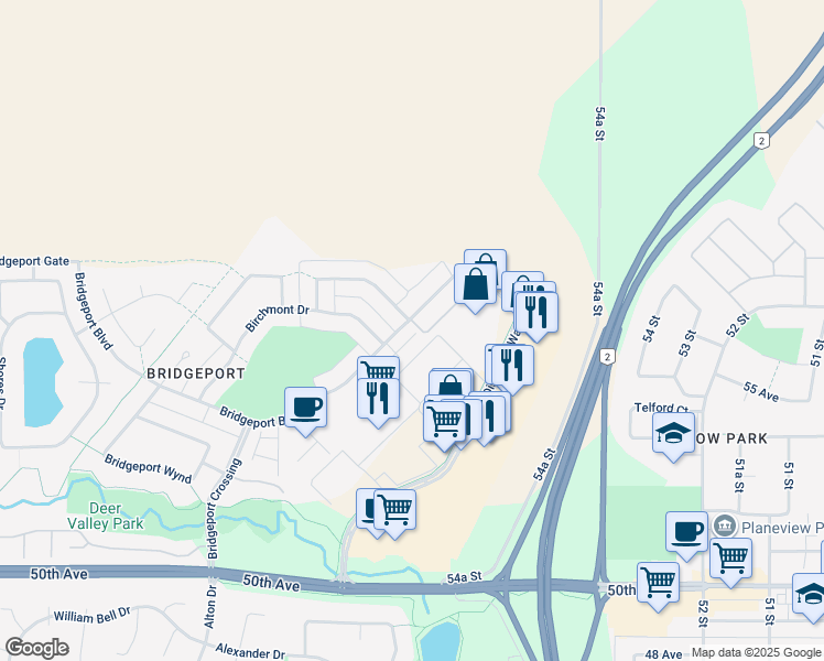 map of restaurants, bars, coffee shops, grocery stores, and more near 166 Bridgeport Boulevard in Leduc