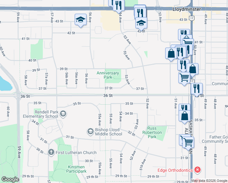 map of restaurants, bars, coffee shops, grocery stores, and more near 5401 37 Street in Lloydminster