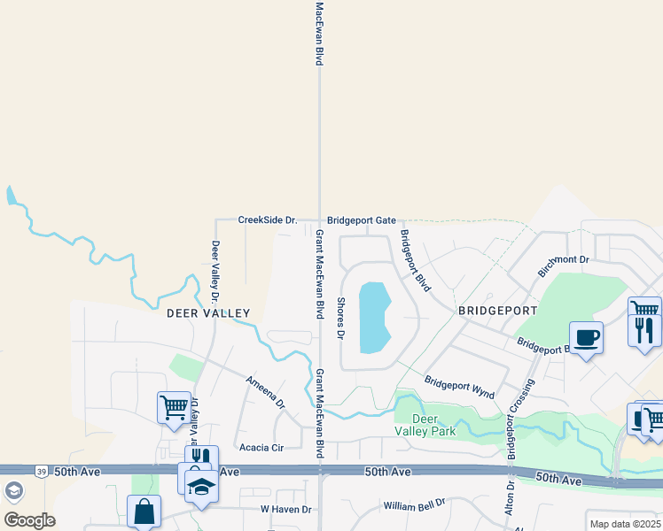 map of restaurants, bars, coffee shops, grocery stores, and more near 55 Shorewood Crescent in Leduc