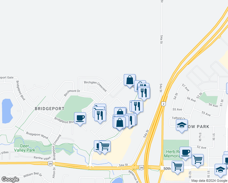 map of restaurants, bars, coffee shops, grocery stores, and more near 512 Bridgeport Boulevard in Leduc