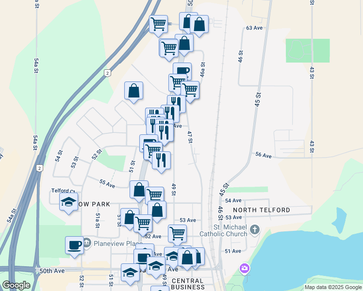 map of restaurants, bars, coffee shops, grocery stores, and more near 5706 47 Street in Leduc