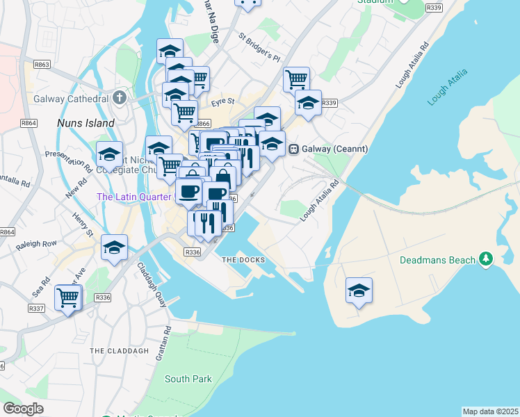 map of restaurants, bars, coffee shops, grocery stores, and more near 25 Dock Road in Galway