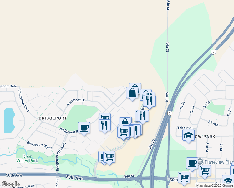 map of restaurants, bars, coffee shops, grocery stores, and more near 512 Bridgeport Boulevard in Leduc