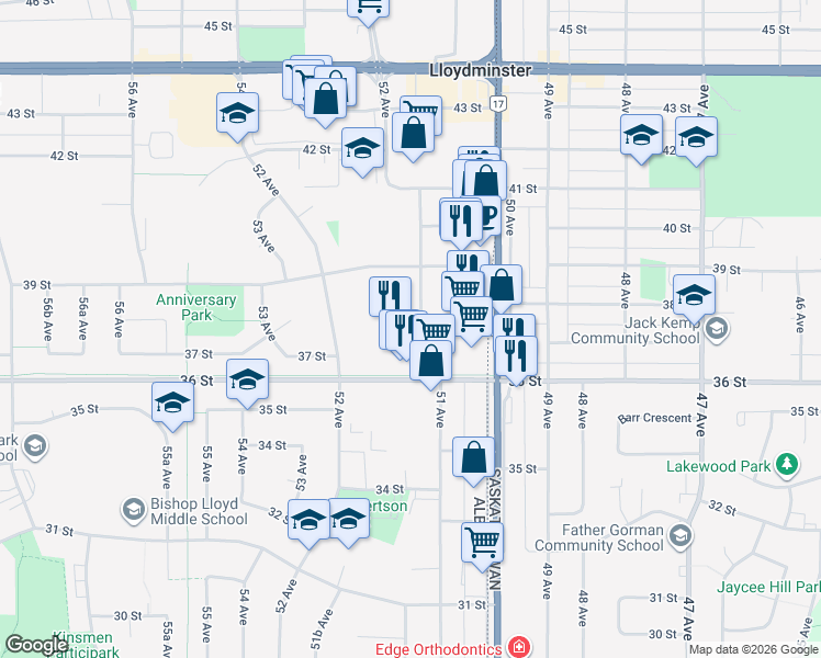 map of restaurants, bars, coffee shops, grocery stores, and more near 3801 51 Avenue in Lloydminster