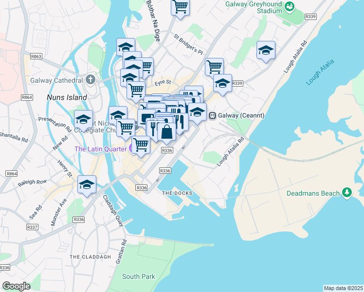 map of restaurants, bars, coffee shops, grocery stores, and more near 25 Dock Road in Galway