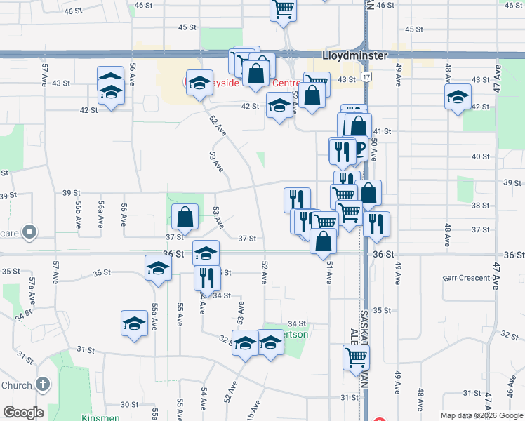 map of restaurants, bars, coffee shops, grocery stores, and more near 3801 52 Avenue in Lloydminster