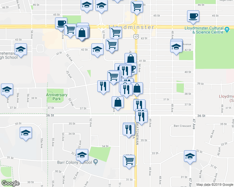 map of restaurants, bars, coffee shops, grocery stores, and more near 3801 51 Avenue in Lloydminster