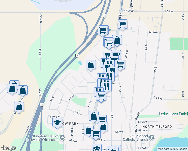 map of restaurants, bars, coffee shops, grocery stores, and more near in Leduc