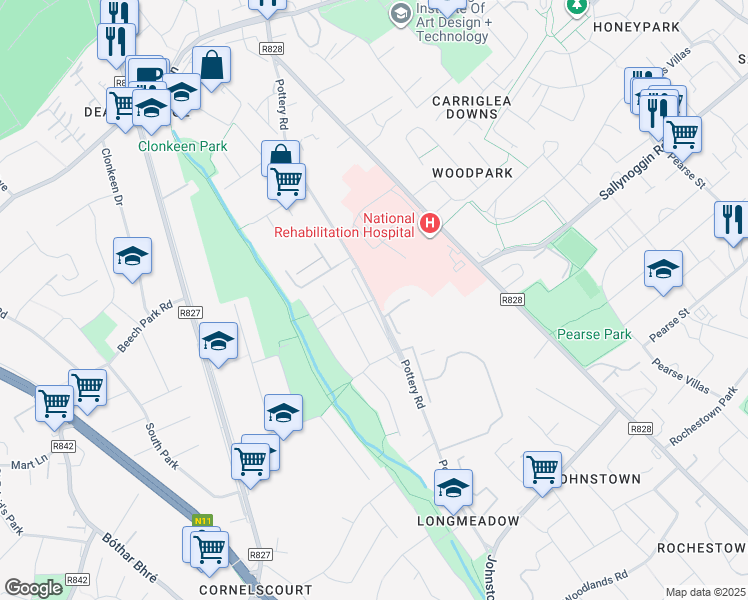 map of restaurants, bars, coffee shops, grocery stores, and more near Pottery Road in Dublin