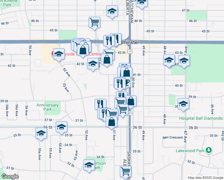 map of restaurants, bars, coffee shops, grocery stores, and more near 3909 51 Avenue in Lloydminster
