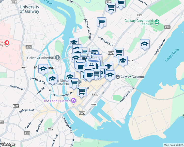 map of restaurants, bars, coffee shops, grocery stores, and more near in Galway