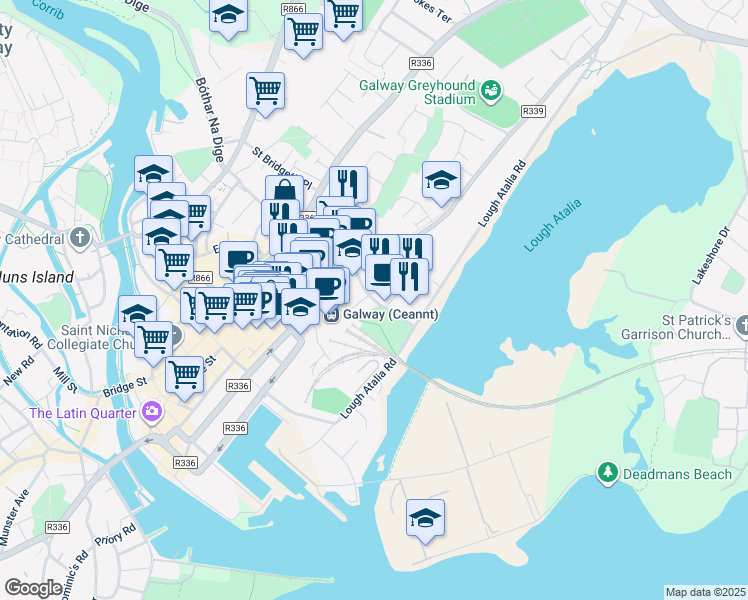 map of restaurants, bars, coffee shops, grocery stores, and more near Fairgreen Road in Galway