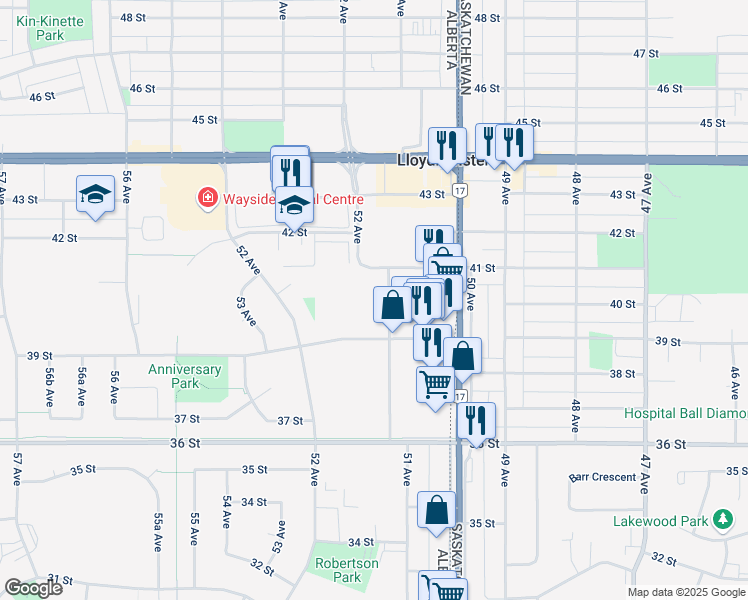 map of restaurants, bars, coffee shops, grocery stores, and more near 3909 51 Avenue in Lloydminster