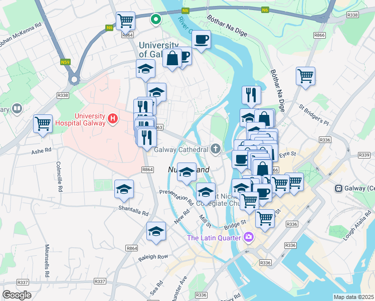 map of restaurants, bars, coffee shops, grocery stores, and more near 8 Canal Road Upper in Galway