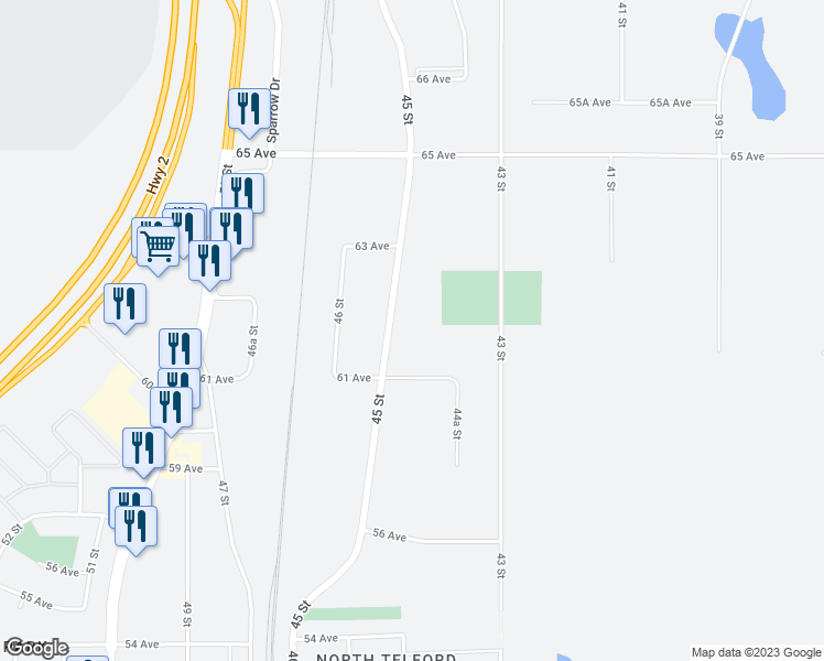 map of restaurants, bars, coffee shops, grocery stores, and more near 6103 45 Street in Leduc