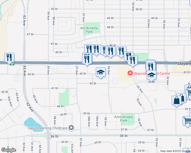map of restaurants, bars, coffee shops, grocery stores, and more near 5637 43 Street in Lloydminster
