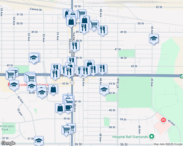 map of restaurants, bars, coffee shops, grocery stores, and more near 4828 44 Street in Lloydminster