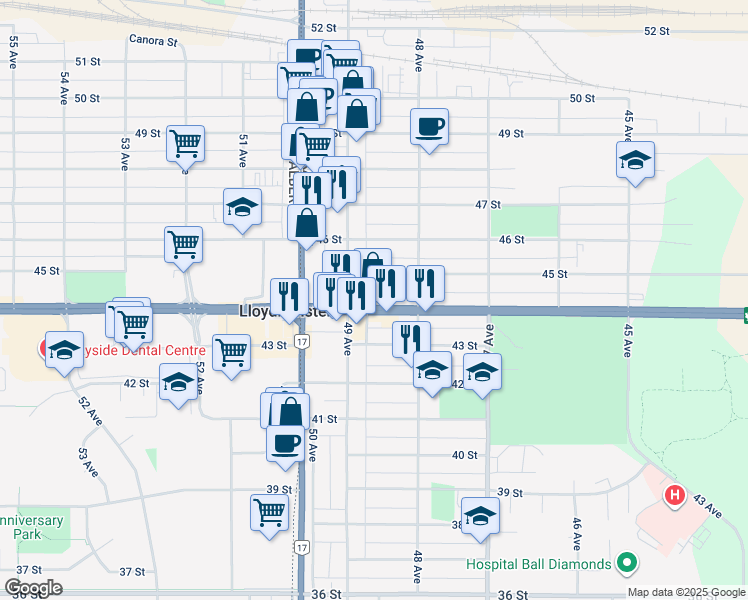 map of restaurants, bars, coffee shops, grocery stores, and more near 4828 44 Street in Lloydminster