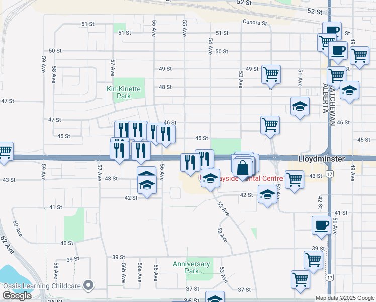 map of restaurants, bars, coffee shops, grocery stores, and more near 5416 44 Street in Lloydminster