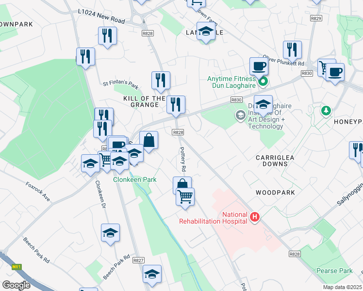 map of restaurants, bars, coffee shops, grocery stores, and more near Pottery Road in Dublin