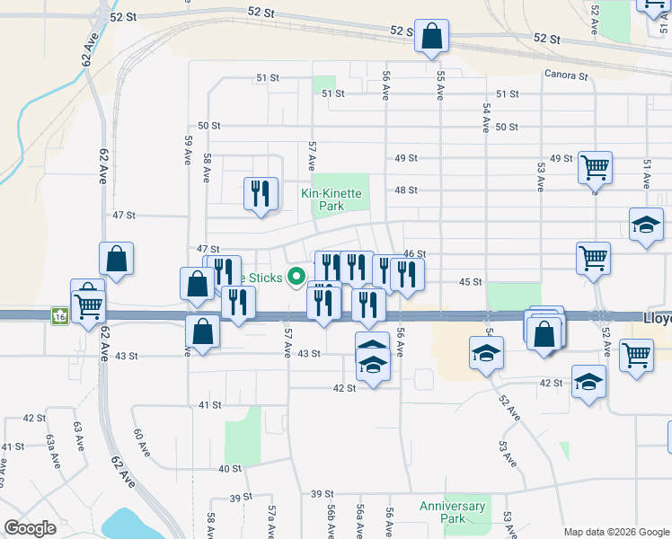 map of restaurants, bars, coffee shops, grocery stores, and more near 5625 47 Street in Lloydminster