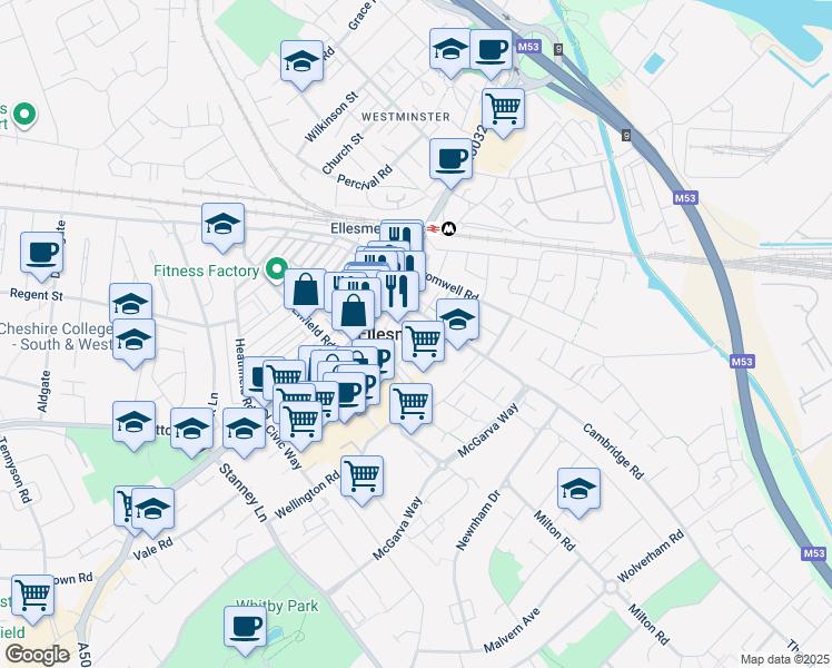 map of restaurants, bars, coffee shops, grocery stores, and more near in Ellesmere Port