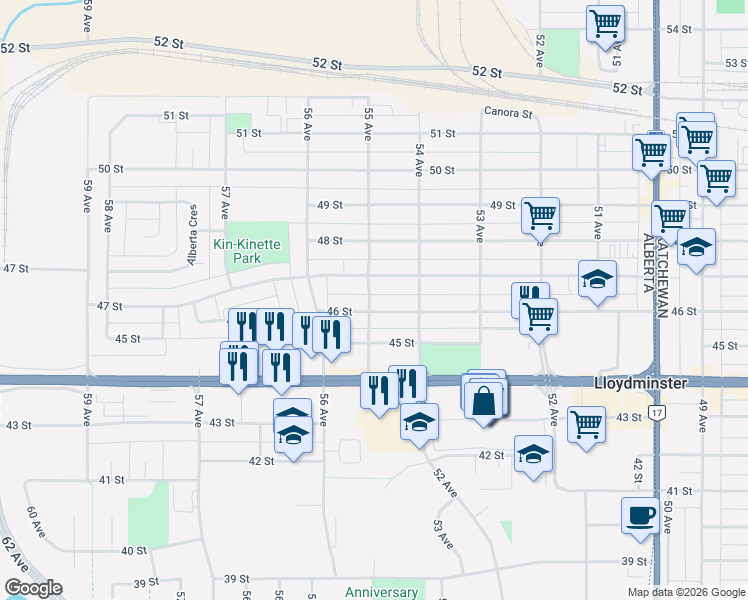 map of restaurants, bars, coffee shops, grocery stores, and more near 5414 46 Street in Lloydminster