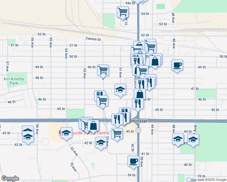 map of restaurants, bars, coffee shops, grocery stores, and more near 5106 46 Street in Lloydminster