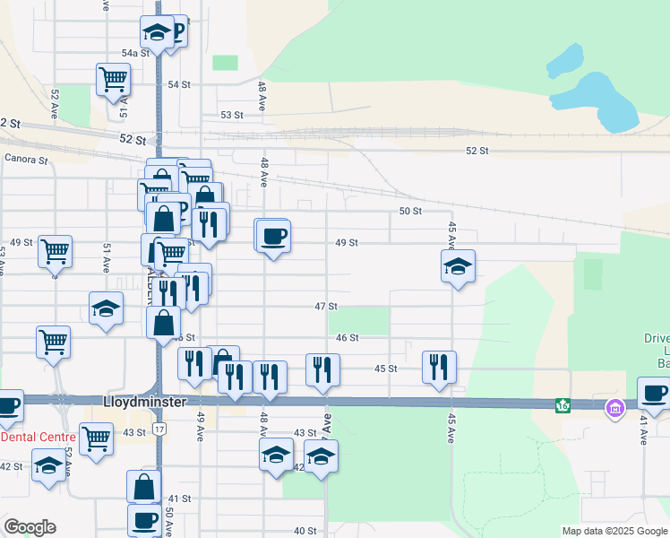 map of restaurants, bars, coffee shops, grocery stores, and more near 4801 47 Avenue in Lloydminster
