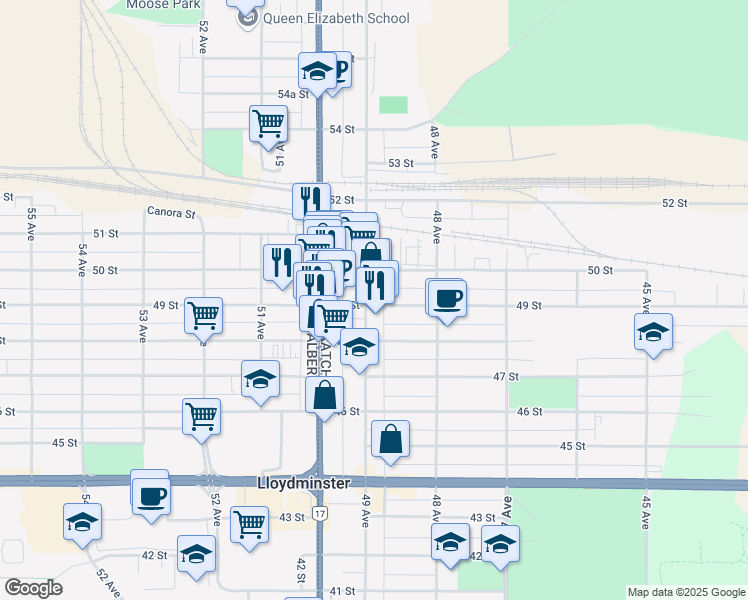 map of restaurants, bars, coffee shops, grocery stores, and more near 4911 49 Avenue in Lloydminster