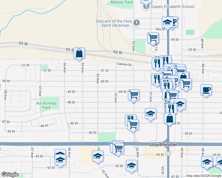 map of restaurants, bars, coffee shops, grocery stores, and more near 5301 50 Street in Lloydminster