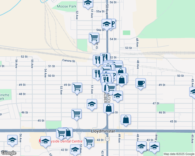 map of restaurants, bars, coffee shops, grocery stores, and more near 5013 50 Street in Lloydminster