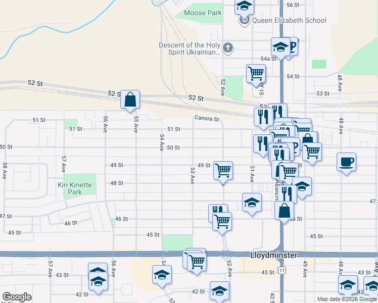 map of restaurants, bars, coffee shops, grocery stores, and more near 5301 50 Street in Lloydminster