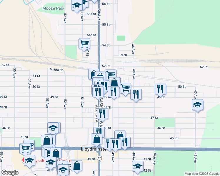 map of restaurants, bars, coffee shops, grocery stores, and more near 4910 50 Street in Lloydminster