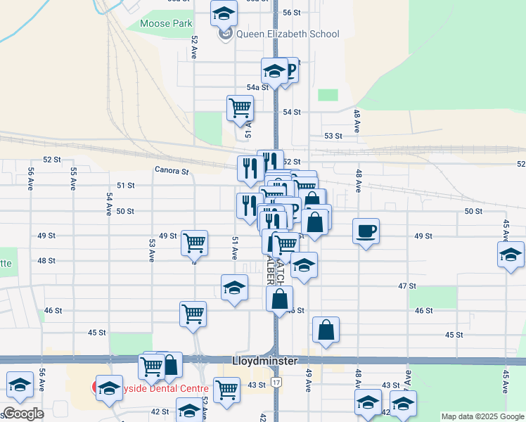 map of restaurants, bars, coffee shops, grocery stores, and more near 5013 50 St in Lloydminster