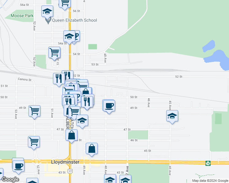 map of restaurants, bars, coffee shops, grocery stores, and more near in Lloydminster